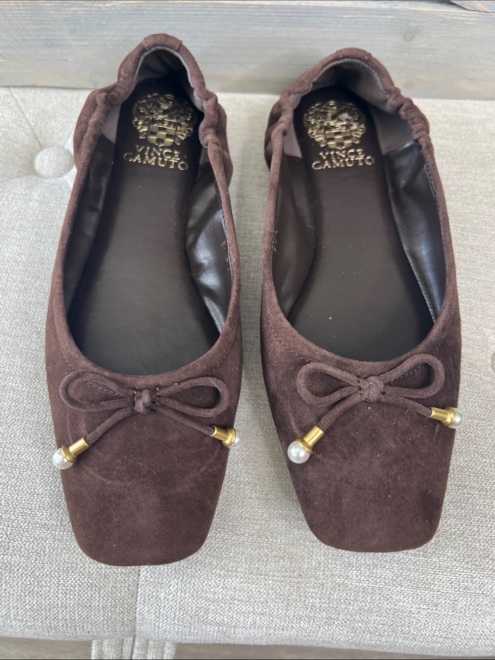 NWOT Vince Camuto Dark Brown Suede Pearl-Trim Bow Ballet Flats